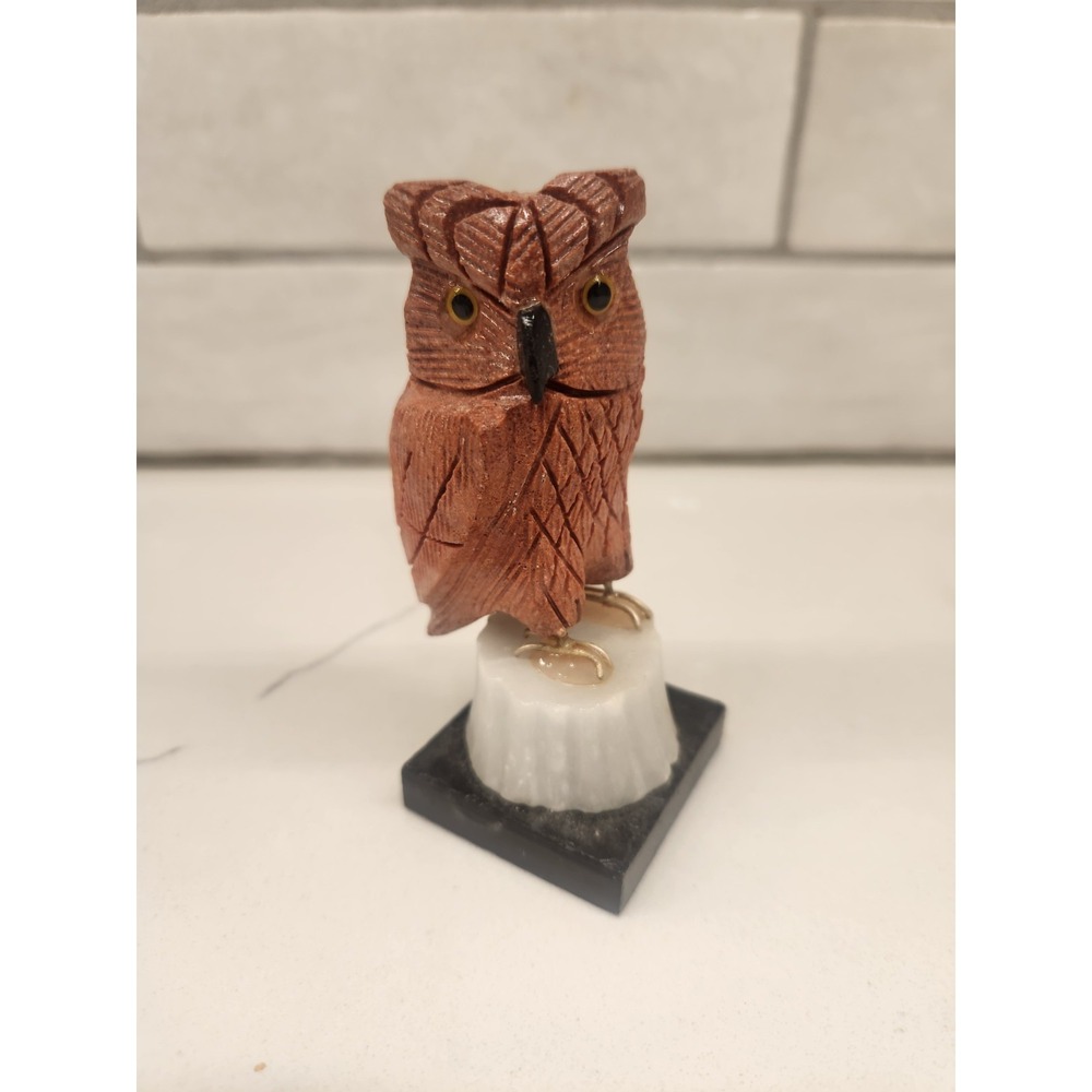 Hand Carved Natural Stone Owl Bird Figurine Trinket Shelf Made In Peru 4"‎ Tall